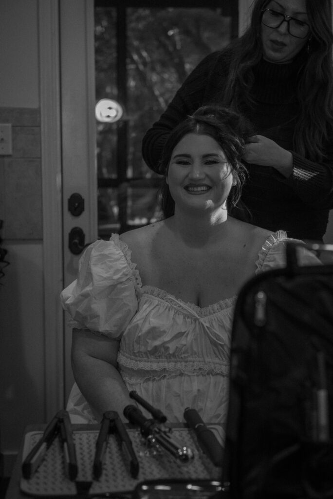 Black and white bridal getting ready portrait captured during an intimate Texas Hill Country elopement.